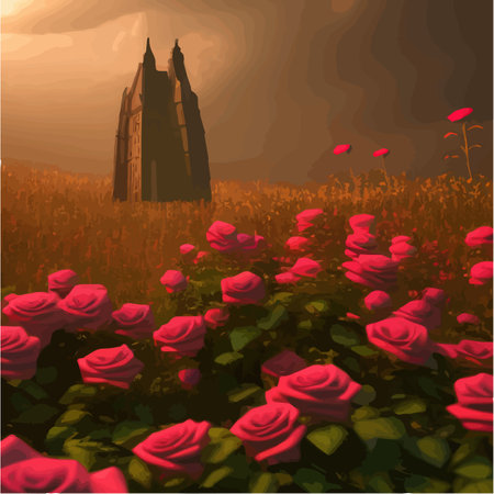 Dark fabulous field red roses and mysterious tower against background bright moon, fantasy picture for use, vector illustrationのイラスト素材