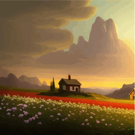 Landscape with house and flowery red fields against backdrop mountains. Vector illustration in the style of Provence.のイラスト素材
