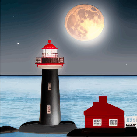 Lighthouse by sea. Tall building on hill and beautiful scenery. Romantic place by the water. Night view of the sky and the moon with waves. Summer season. Maritime navigation. Vector illustrationのイラスト素材