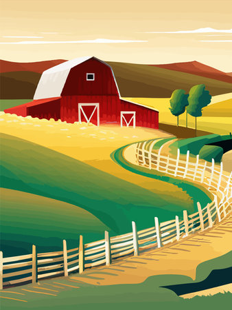 Agriculture, nature and farming. Harvest, field, trees and blank vertical poster vector illustration. Farms for poster, background or cover and print. Summer landscapeのイラスト素材