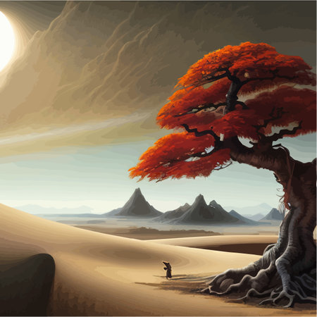 Landscape background. Autumn orange big crooked tree on hill alonePlant Art design for print, cover, wallpaper, Minimal and natural, fantasy wildlife vector illustrationのイラスト素材