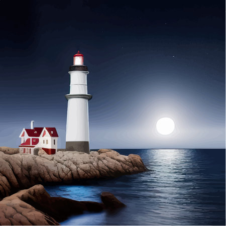 Lighthouse by sea. Tall building on hill and beautiful scenery. Romantic place by the water. Night view of the sky and the moon with waves. Summer season. Maritime navigation. Vector illustrationのイラスト素材