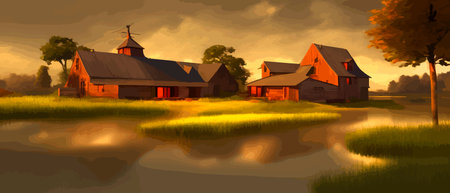 Green valley landscape. Summer season on the lake with a picturesque view. Houses on the banks of the river. Freehand Cartoon Outdoors Retro Style. Vector illustration rural scene backgroundのイラスト素材