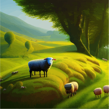 Flock sheep grazes on green meadow against background trees, countryside summer landscape, vector illustrationのイラスト素材