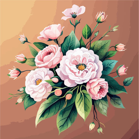 Watercolor floral bouquet blush pink roses flower green leaf leaves branches bouquets collection. Wedding stationary, greetings, wallpapers fashion background. Vector illustration on color backgroundのイラスト素材