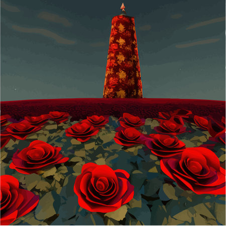 Dark fabulous field red roses and mysterious tower against background bright moon, fantasy picture for use, vector illustrationのイラスト素材