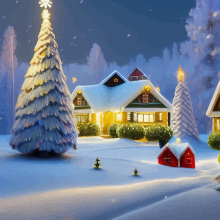 Merry Christmas and Happy New Year. Winter forest, city street with houses in the snow, frame and Christmas tree decoration for postcard, card or invitation Vector illustrationのイラスト素材