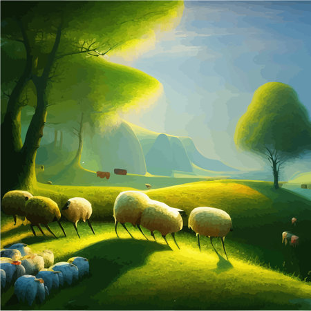 Flock sheep grazes on green meadow against background trees, countryside summer landscape, vector illustrationのイラスト素材
