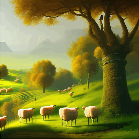 Flock sheep grazes on green meadow against background trees, countryside summer landscape, vector illustrationのイラスト素材