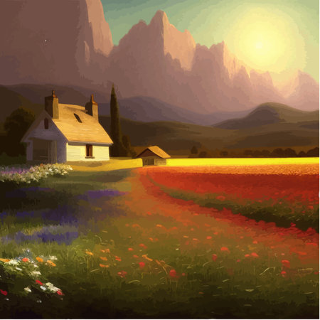 Landscape with house and flowery red fields against backdrop mountains. Vector illustration in the style of Provence.のイラスト素材