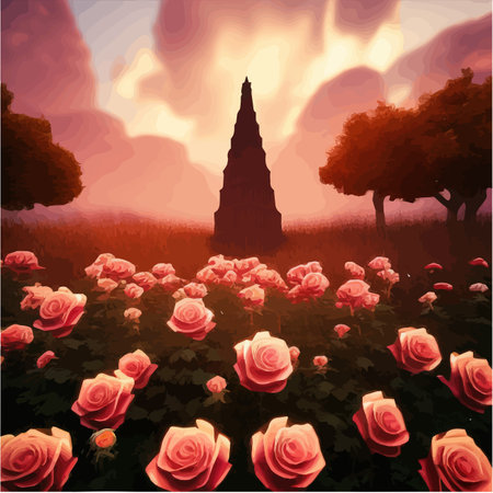 Dark fabulous field red roses and mysterious tower against background bright moon, fantasy picture for use, vector illustrationのイラスト素材