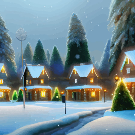 Amazing fairy tale Christmas house decorated with Christmas lights in a magical pine forest. Unusual vector illustration postcard. Concept of christmas holidays and new yearのイラスト素材