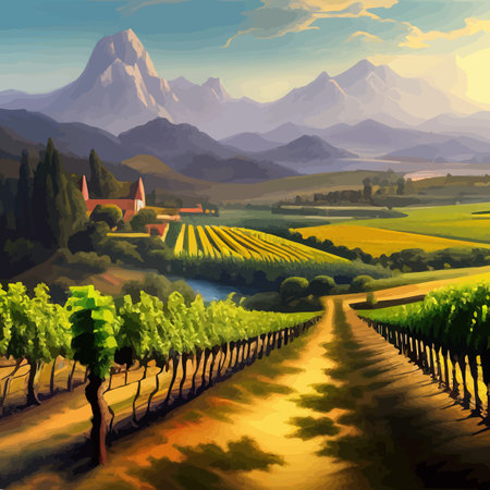 Beautiful grape plantation hills, trees, clouds against backdrop of mountains on the horizon vector illustrationのイラスト素材