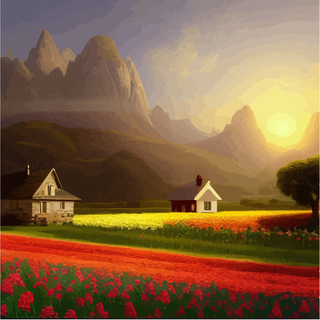 Landscape with house and flowery red fields against backdrop mountains. Vector illustration in the style of Provence.のイラスト素材