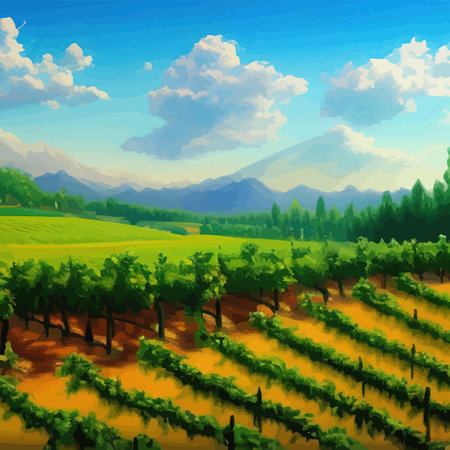 Beautiful grape plantation hills, trees, clouds against backdrop of mountains on the horizon vector illustrationのイラスト素材