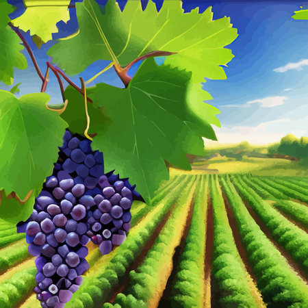 Beautiful grape plantation hills, trees, clouds against backdrop of mountains on the horizon vector illustrationのイラスト素材