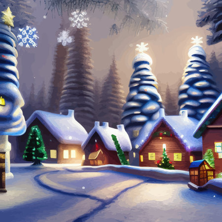 Amazing fairy tale Christmas house decorated with Christmas lights in a magical pine forest. Unusual vector illustration postcard. Concept of christmas holidays and new yearのイラスト素材