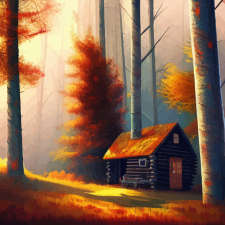 Old wooden hut in autumn forest. In bright orange colors autumn. To protect yourself from hustle and bustle city In a fairy forest where silence and peace Autumn forest landscape. Vector illustrationのイラスト素材