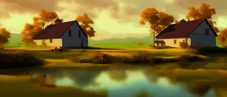 Green valley landscape. Summer season on the lake with a picturesque view. Houses on the banks of the river. Freehand Cartoon Outdoors Retro Style. Vector illustration rural scene backgroundのイラスト素材