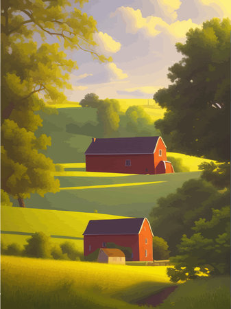 Rural landscape with sunny summer day in village. Beautiful summer fields landscape with green hills, bright blue sky and house and trees. A country. Green landscape with fields. Vector illustrationのイラスト素材