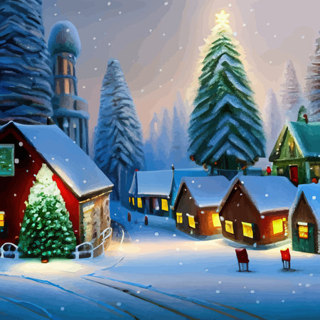 Merry Christmas and Happy New Year. Winter forest, city street with houses in the snow, frame and Christmas tree decoration for postcard, card or invitation Vector illustrationのイラスト素材