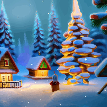 Merry Christmas and Happy New Year. Winter forest, city street with houses in the snow, frame and Christmas tree decoration for postcard, card or invitation Vector illustrationのイラスト素材