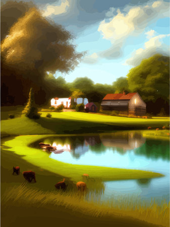 Lake houses, summer natural landscape vector illustration. Cartoon beautiful rural countryside scenery, residential area on the river or lakeside, agricultural houses with green gardensのイラスト素材