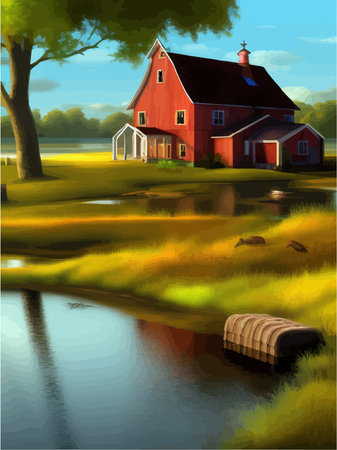 Lake houses, summer natural landscape vector illustration. Cartoon beautiful rural countryside scenery, residential area on the river or lakeside, agricultural houses with green gardensのイラスト素材