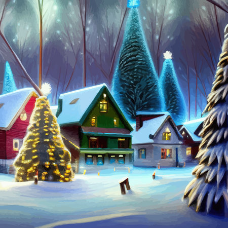 Winter is coming Snowy night with coniferous forest houses in snow light garlands falling snow forest landscape, winter and New Year holidays. Festive winter landscape. Christmas vector illustrationのイラスト素材
