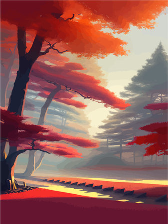 Torii japanese shinto next to japanese colored forest with mountains background, vertical vector illustrationのイラスト素材