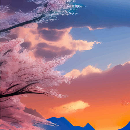 Spring landscape with cherry blossom sakura, green meadow on hill, blue sky and cloud, nature or summer landscape, beautiful mountains with sakura and field vector illustrationのイラスト素材