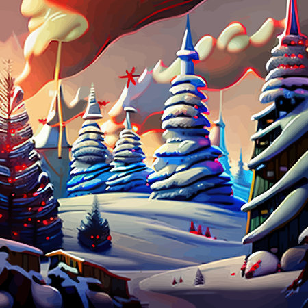 Winter is coming Snowy night with coniferous forest houses in snow light garlands falling snow forest landscape, winter and New Year holidays. Festive winter landscape. Christmas vector illustrationのイラスト素材
