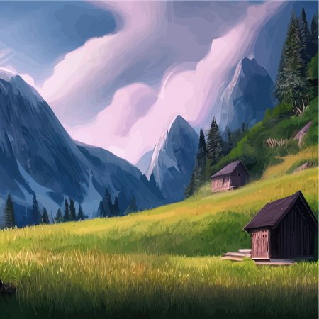 Small wooden houses in forest against backdrop mountains. Beautiful peaceful house in front of trees lost in nature. Vector illustration of wild nature and countrysideのイラスト素材