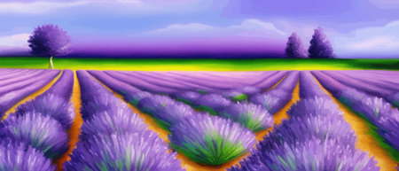 Horizon view lavender valley. Sunny day summer weather. Sunset Meadow Outdoor Wallpaper. Countryside lavender field scene. Rural landscape vector illustration. Farming agriculture colorful concept.のイラスト素材