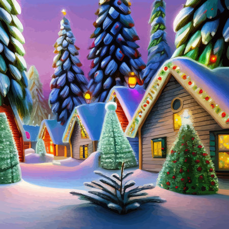 Winter is coming Snowy night with coniferous forest houses in snow light garlands falling snow forest landscape, winter and New Year holidays. Festive winter landscape. Christmas vector illustrationのイラスト素材
