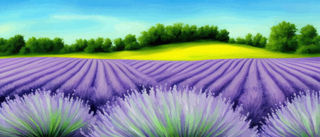 Horizon view lavender valley. Sunny day summer weather. Sunset Meadow Outdoor Wallpaper. Countryside lavender field scene. Rural landscape vector illustration. Farming agriculture colorful concept.のイラスト素材