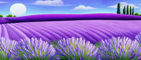 Horizon view lavender valley. Sunny day summer weather. Sunset Meadow Outdoor Wallpaper. Countryside lavender field scene. Rural landscape vector illustration. Farming agriculture colorful concept.のイラスト素材