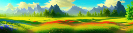 Summer mountain landscape. Vector illustration. Cartoon mountain natural simple landscape background with green grass scenic fields with wildflowers and mountains, blue sky with cloudsのイラスト素材