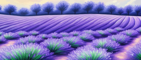 Horizon view lavender valley. Sunny day summer weather. Sunset Meadow Outdoor Wallpaper. Countryside lavender field scene. Rural landscape vector illustration. Farming agriculture colorful concept.のイラスト素材