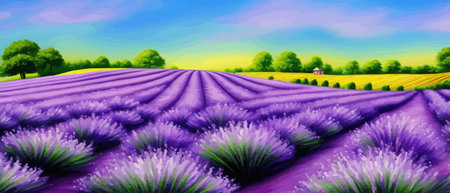 Horizon view lavender valley. Sunny day summer weather. Sunset Meadow Outdoor Wallpaper. Countryside lavender field scene. Rural landscape vector illustration. Farming agriculture colorful concept.のイラスト素材