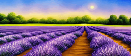 Horizon view lavender valley. Sunny day summer weather. Sunset Meadow Outdoor Wallpaper. Countryside lavender field scene. Rural landscape vector illustration. Farming agriculture colorful concept.のイラスト素材