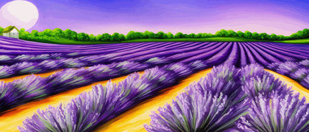 Horizon view lavender valley. Sunny day summer weather. Sunset Meadow Outdoor Wallpaper. Countryside lavender field scene. Rural landscape vector illustration. Farming agriculture colorful concept.のイラスト素材