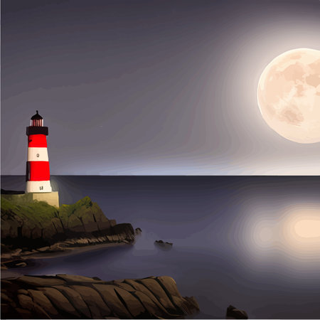 Lighthouse by sea. Tall building on hill and beautiful scenery. Romantic place by the water. Night view of the sky and the moon with waves. Summer season. Maritime navigation. Vector illustrationのイラスト素材