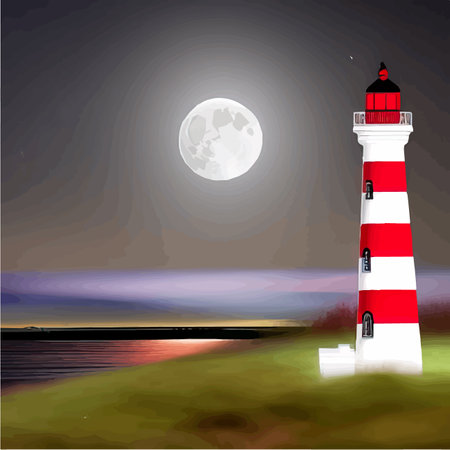Lighthouse by sea. Tall building on hill and beautiful scenery. Romantic place by the water. Night view of the sky and the moon with waves. Summer season. Maritime navigation. Vector illustrationのイラスト素材