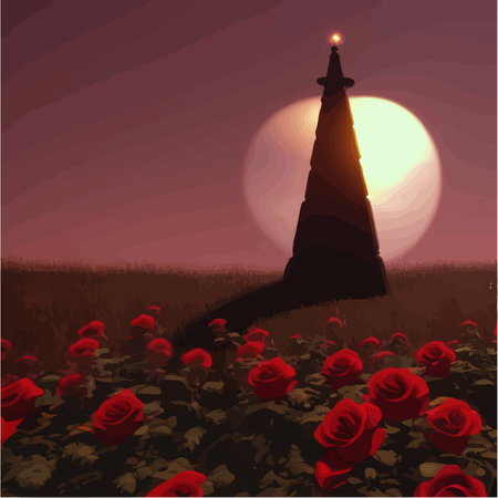 Dark fabulous field red roses and mysterious tower against background bright moon, fantasy picture for use, vector illustrationのイラスト素材