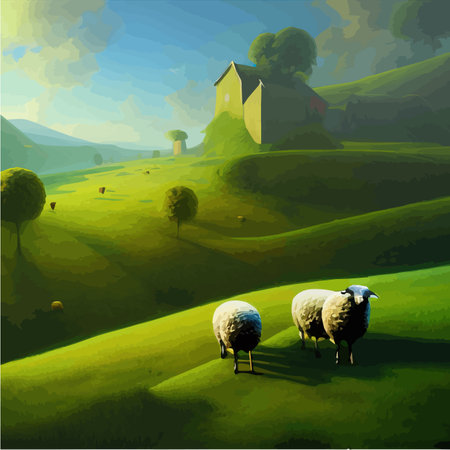 Flock sheep grazes on green meadow against background trees, countryside summer landscape, vector illustrationのイラスト素材