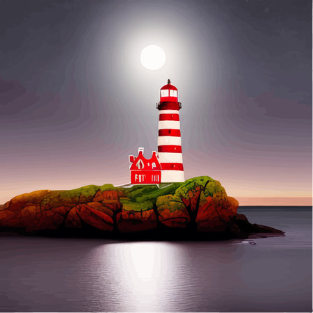 Lighthouse by sea. Tall building on hill and beautiful scenery. Romantic place by the water. Night view of the sky and the moon with waves. Summer season. Maritime navigation. Vector illustrationのイラスト素材