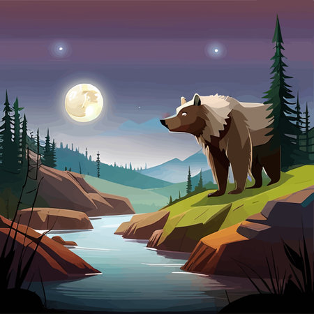 Vector illustration brown bear standing by a river in forest with mountains in the background. Wild natureのイラスト素材
