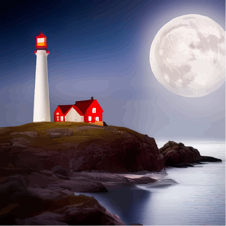 Lighthouse by sea. Tall building on hill and beautiful scenery. Romantic place by the water. Night view of the sky and the moon with waves. Summer season. Maritime navigation. Vector illustrationのイラスト素材