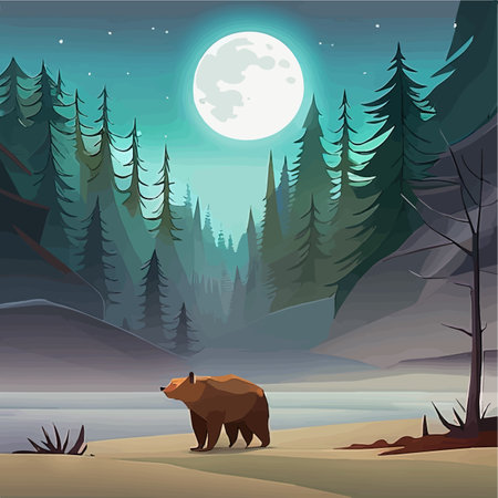 Vector illustration brown bear standing by a river in forest with mountains in the background. Wild natureのイラスト素材